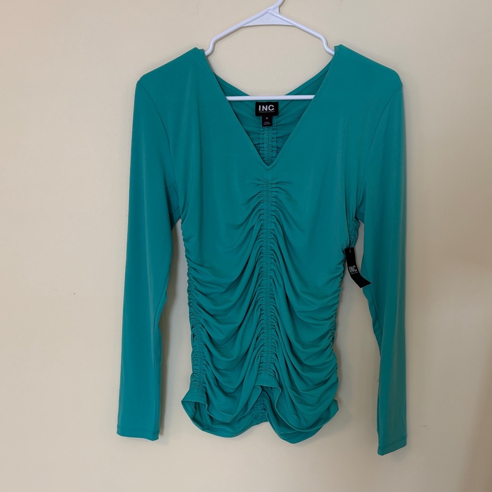 INC International Concepts Women's Turquoise Ruched Long Sleeve Top